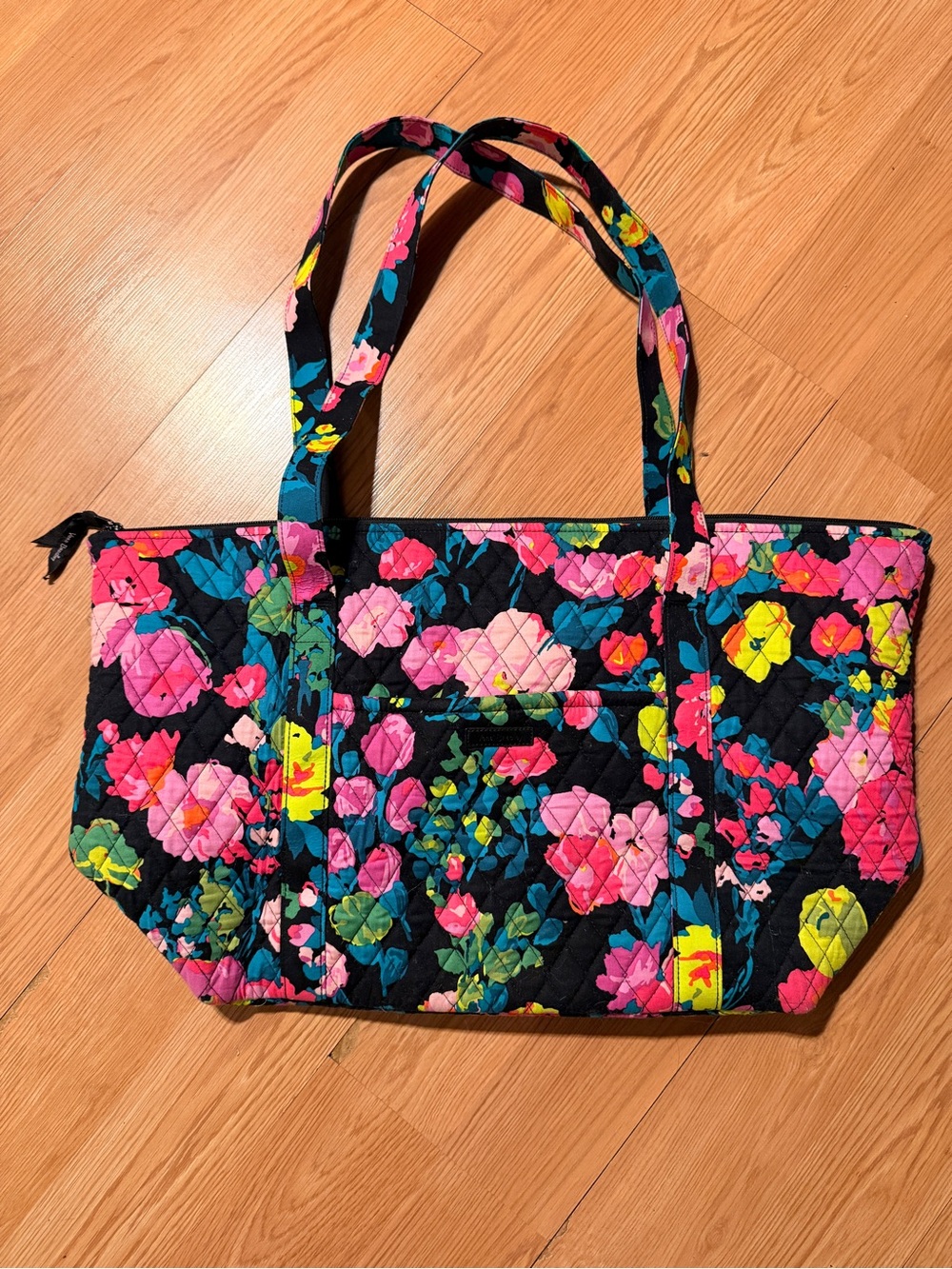 Vera Bradley Black Quilted Tote with Pink, Teal & Yellow Floral Print